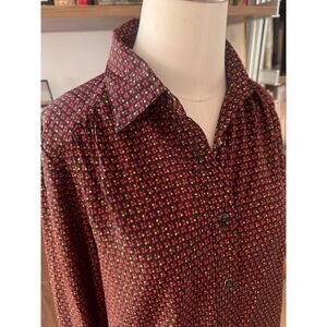 Vintage Cherry Print Blouse 70s 80s Secretary Novelty Silk Feel Top